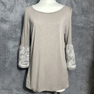 I.N. Studio Top Women Medium Taupe Embroidered Bell Sleeve Peplum Back Slub Knit